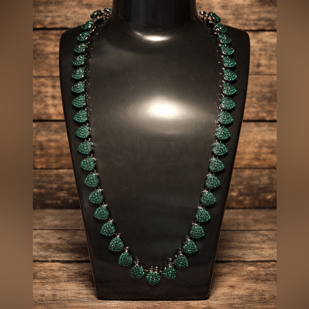 Green Iced-Out Heart Link Necklace | Stainless Steel Statement Chain 20”